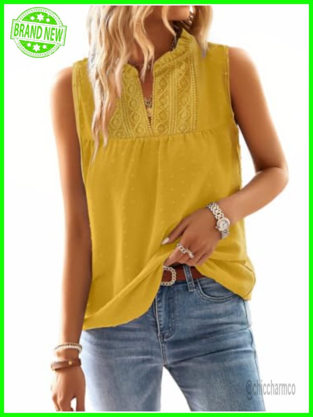 Womens Boho Flowy Lace Babydoll Sleeveless Tank Top Swiss Dot Crochet V-Neck